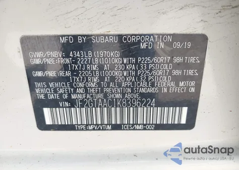 2019 Subaru Crosstrek 2.0I из США, поврежденный, VIN JF2GTAAC1K8396224